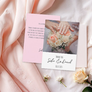 Carte De Remerciements Photo de mariage à la fleur rose aquarelle minimal