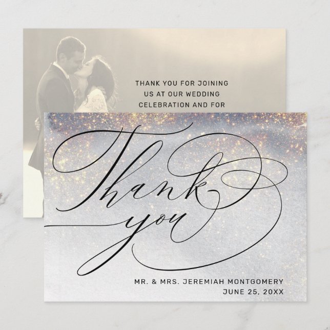 Carte De Remerciements Photo de mariage à l'aquarelle avec paillettes arg (Devant / Derrière)