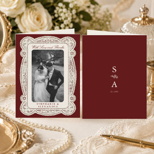 Carte De Remerciements Photo de mariage à l'argent ancien avec dentelle d