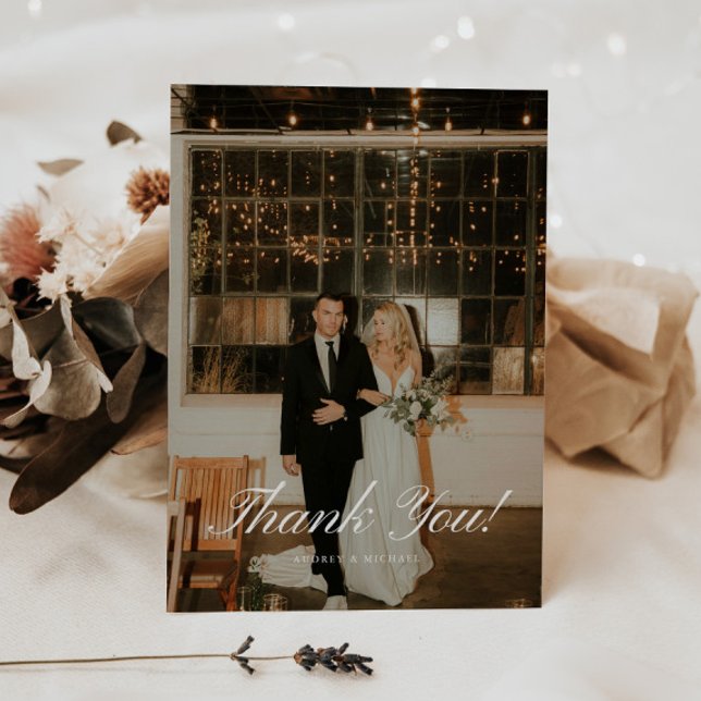 Carte De Remerciements Photo de mariage à l'écriture classique élégante (Créateur téléchargé)