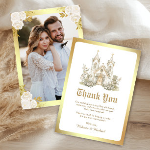 Carte De Remerciements Photo de mariage à l'église catholique en or blanc