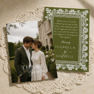 Carte De Remerciements Photo de mariage argent ancien vert olive en dente