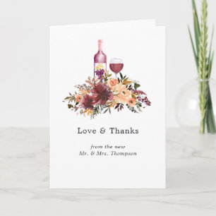 Carte De Remerciements Photo de mariage au vin floral pêche Bordo