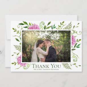 Carte De Remerciements Photo de mariage aux hortensias roses