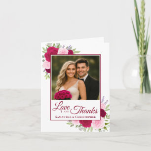 Carte De Remerciements Photo de mariage aux roses roses magenta Love & Th