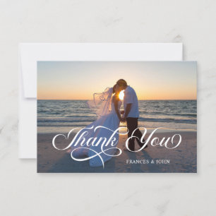 Carte De Remerciements Photo de mariage avec lettrage élégant bleu poussi