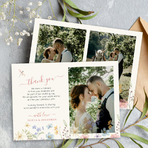 Carte De Remerciements Photo de mariage bohème aux fleurs sauvages