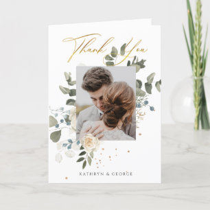 Carte De Remerciements Photo de mariage botanique floral doré doux