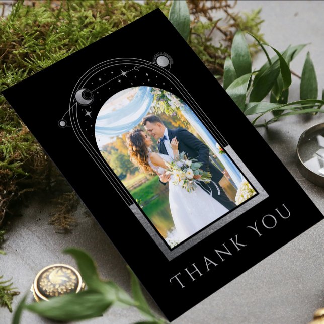 Carte De Remerciements Photo de mariage céleste argent noir (Créateur téléchargé)
