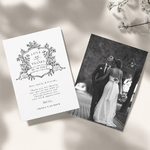 Carte De Remerciements Photo de mariage classique à crête florale noir et