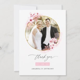 Carte De Remerciements Photo de mariage de cerisier rose à fleurs de prin
