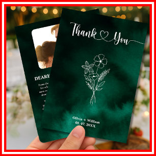 Carte De Remerciements Photo de mariage de fleur sauvage verte émeraude