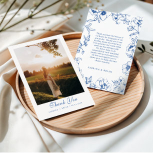 Carte De Remerciements Photo de mariage de jardin floral bleu royal éléga