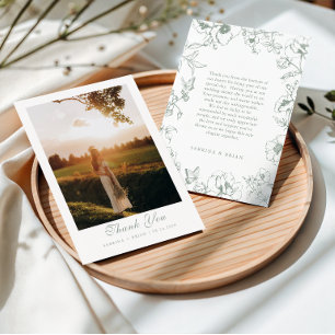 Carte De Remerciements Photo de mariage de jardin floral vert sauge éléga