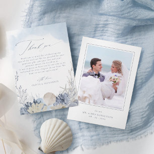 Carte De Remerciements Photo de mariage de plage Bohème Bleu Aquarelle Co