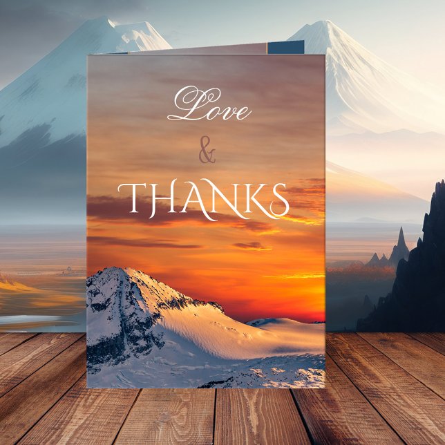 Carte de remerciements photo de mariage d'hiver de (A romantic winter wedding Thank You card featuring a winter wonderland scene at sunset)