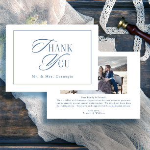 Carte De Remerciements Photo de mariage élégant à l'encre bleue royale