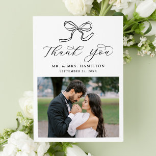 Carte De Remerciements Photo de mariage élégant avec nœud noir