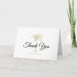 Carte De Remerciements Photo de mariage élégant avec palmier tropical dor