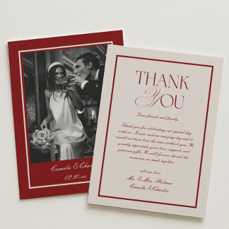Carte De Remerciements Photo de mariage élégant crème et burgundy