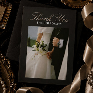 Carte De Remerciements Photo de mariage élégant noir remerciement éditori