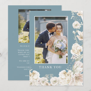 Carte De Remerciements Photo de mariage élégante fleurs bleues or