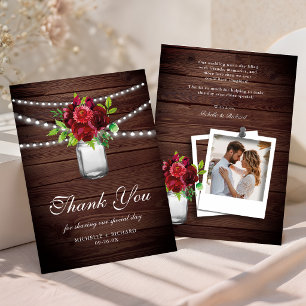 Carte De Remerciements Photo de mariage en bois floral rouge Bourgogne