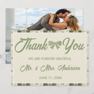 Carte De Remerciements Photo de mariage en denim rustique vert sauge