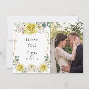 Carte De Remerciements Photo de mariage   Fleurs de pivoine jaunes à l'aq