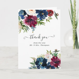 Carte De Remerciements Photo de mariage floral aquarelle Bordo et Navy
