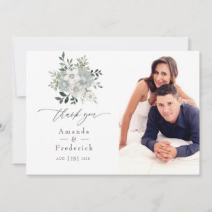 Carte De Remerciements Photo de mariage floral argenté à l'aquarelle