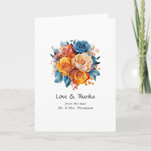 Carte De Remerciements Photo de mariage floral bleu, orange, jaune et rou