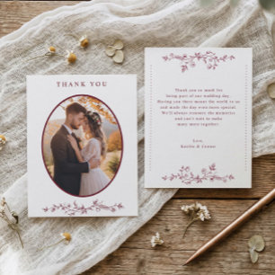Carte De Remerciements Photo de mariage floral bordeaux foncé vintage