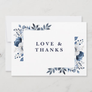 Carte De Remerciements Photo de mariage floral élégant bleu marine et bla