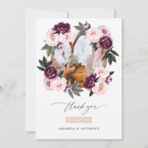 Carte De Remerciements Photo de mariage floral en velours profond et rose