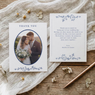 Carte De Remerciements Photo de mariage floral français bleu marine vinta
