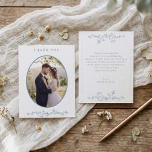 Carte De Remerciements Photo de mariage floral français bleu poussiéreux 