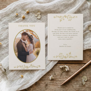 Carte De Remerciements Photo de mariage floral français or et ivoire vint