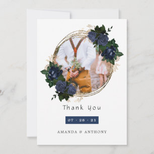 Carte De Remerciements Photo de mariage floral Navy et or