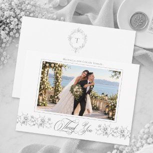 Carte De Remerciements Photo de mariage floral noir gris vintage classiqu