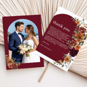 Carte De Remerciements Photo de mariage floral orange brûlé Bourgogne