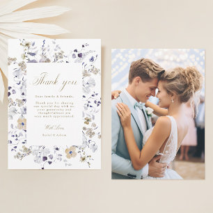 Carte De Remerciements Photo de mariage floral romantique violet blanc or