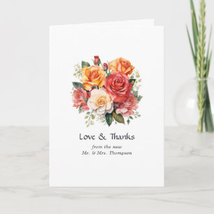Carte De Remerciements Photo de mariage floral rouge, orange et sauge