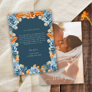 Carte De Remerciements Photo de mariage Floral Terracotta Bleu Nuit Et Ro