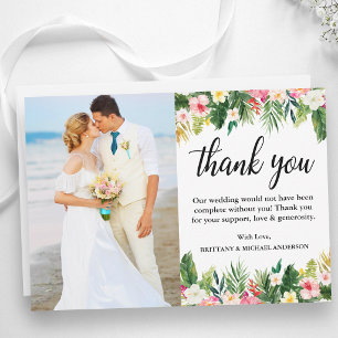 Carte De Remerciements Photo de mariage floral tropical à l'aquarelle