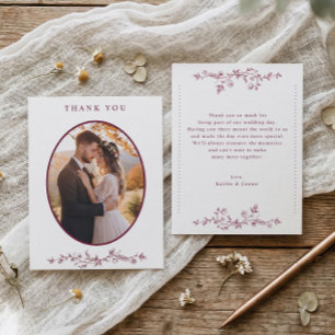 Carte De Remerciements Photo de mariage floral vintage rouge vin français