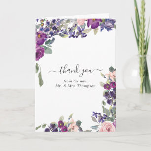 Carte De Remerciements Photo de mariage floral violet, prune et rose