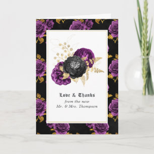 Carte De Remerciements Photo de mariage gothique floral violet, noir et o