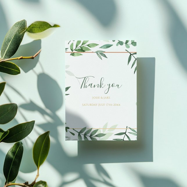Carte De Remerciements Photo de mariage, mariage aux feuilles vertes (Wedding photo, green leaves wedding thank you card)