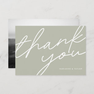 Carte De Remerciements Photo de Mariage moderne Sage Green Calligraphy